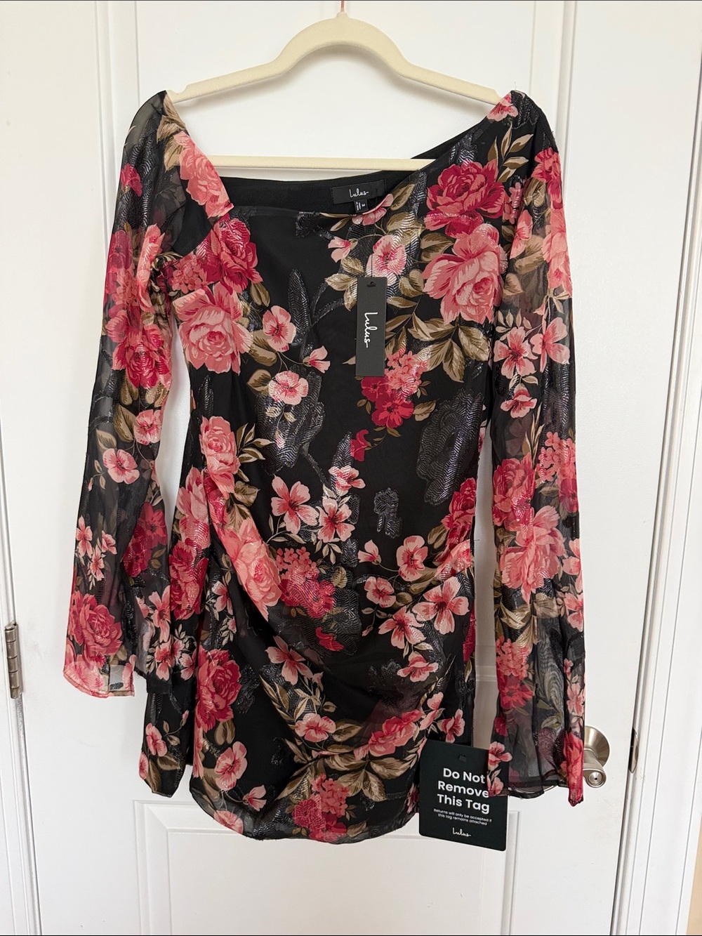 Lulu's Black Mini Dress with Pink and Gold Floral Embroidery